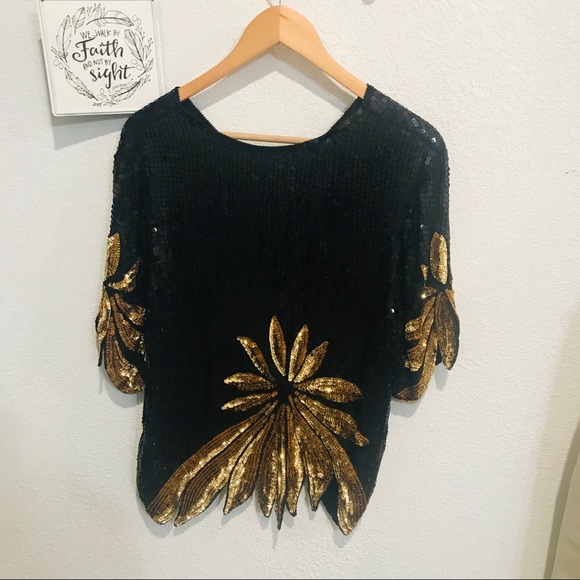 Vintage Royal Feelings 100% Silk sequined Top Sz M - Picture 6 of 8